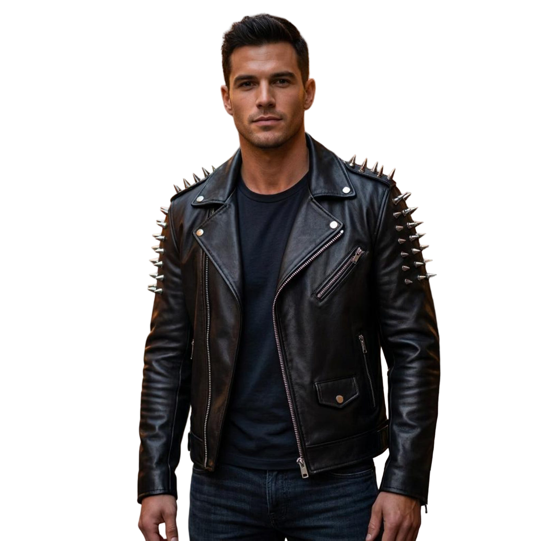  Front view of men black leather moto jacket with scorpion sublimation design
