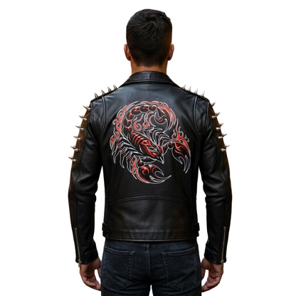 Back view showing scorpion sublimation artwork on black leather moto jacket