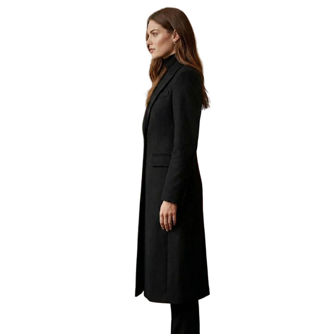 Side view of elegant women black wool overcoat