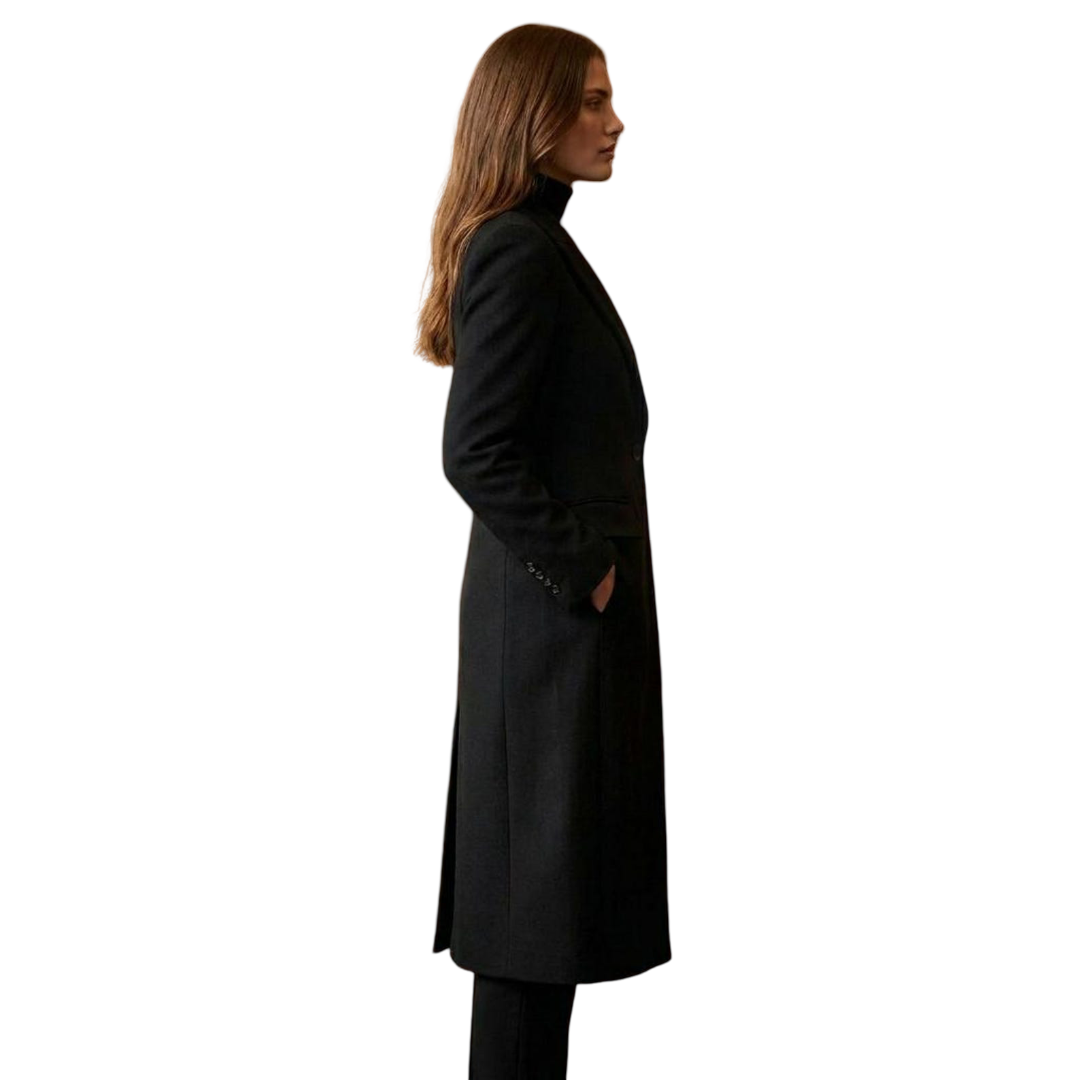 Side view of elegant women black wool overcoat