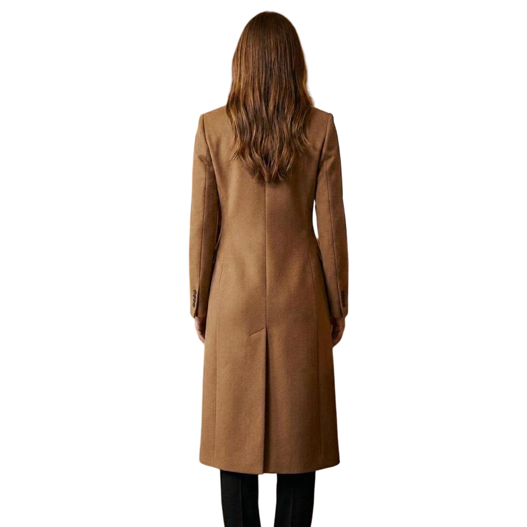 Back view of elegant women camel brown long wool coat