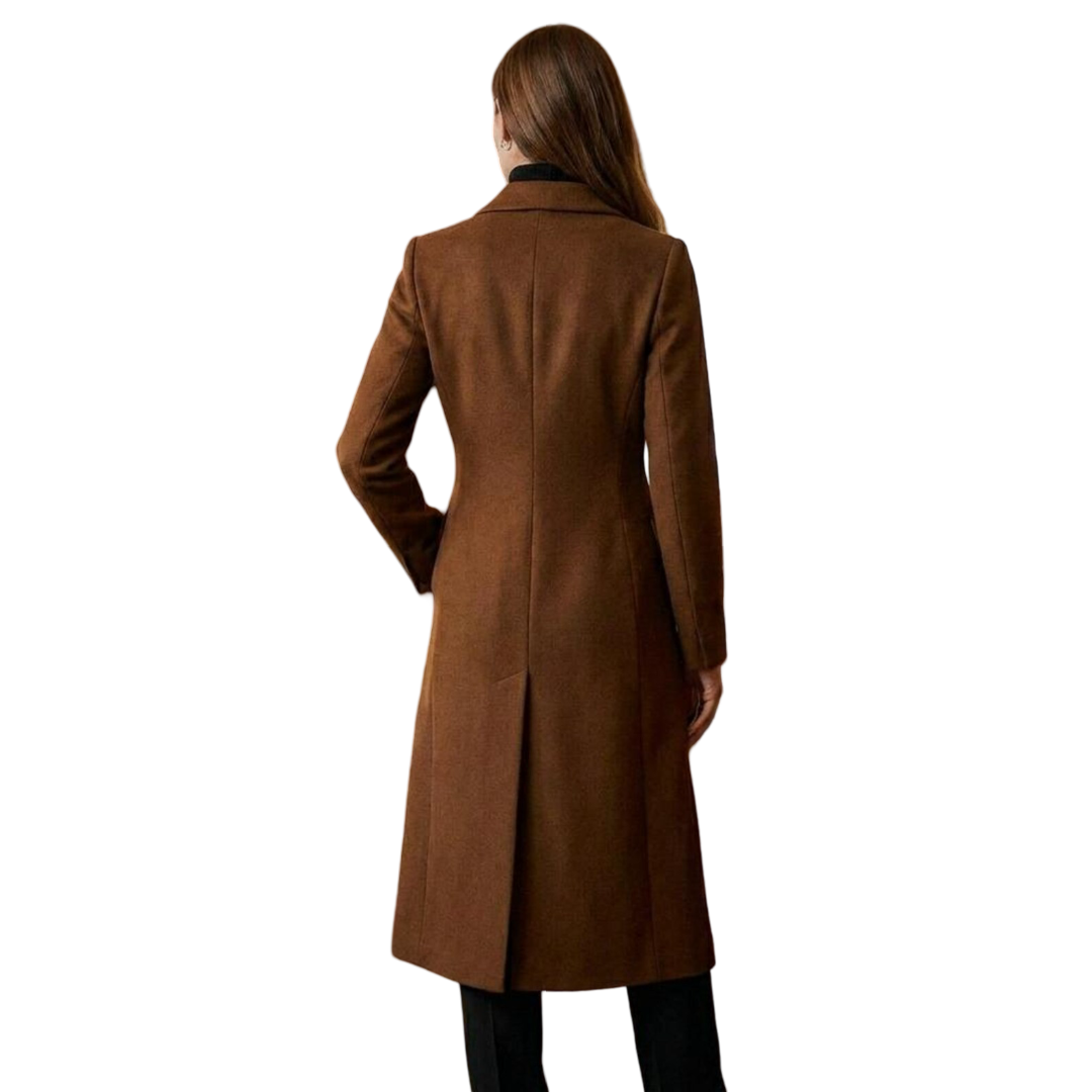  Back view of classic women brown long wool coat