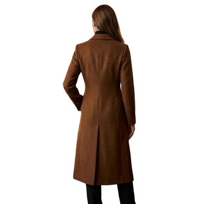  Back view of classic women brown long wool coat