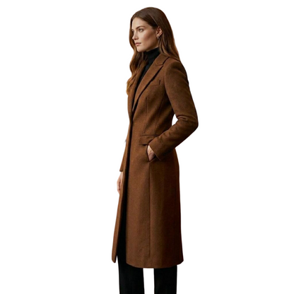  Side profile of elegant brown long wool overcoat for women