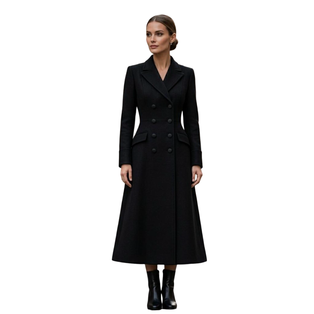 Front view of black wool long overcoat for women with tailored fit