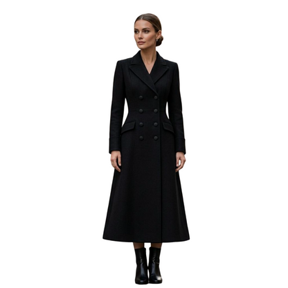 Front view of black wool long overcoat for women with tailored fit