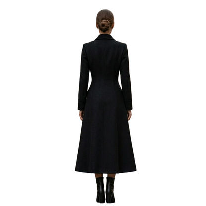 Back view of black wool long overcoat for women
