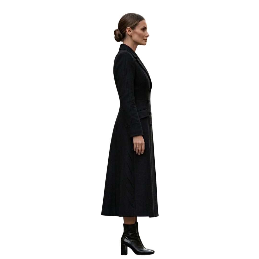  Side view of tailored black wool long overcoat for women