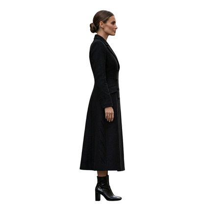 Side view of tailored black wool long overcoat for women