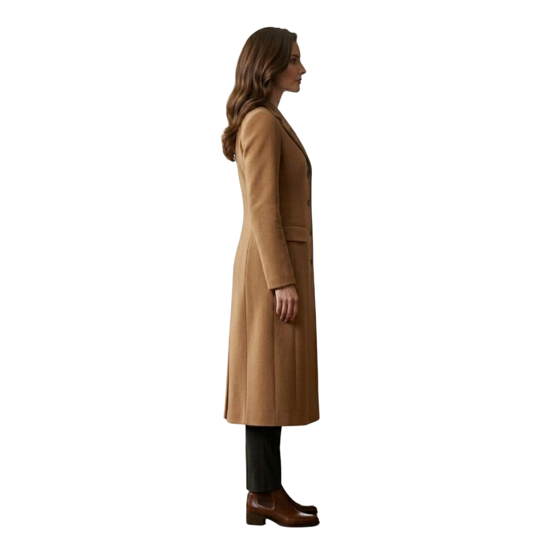 Side view of tailored camel wool blend long overcoat