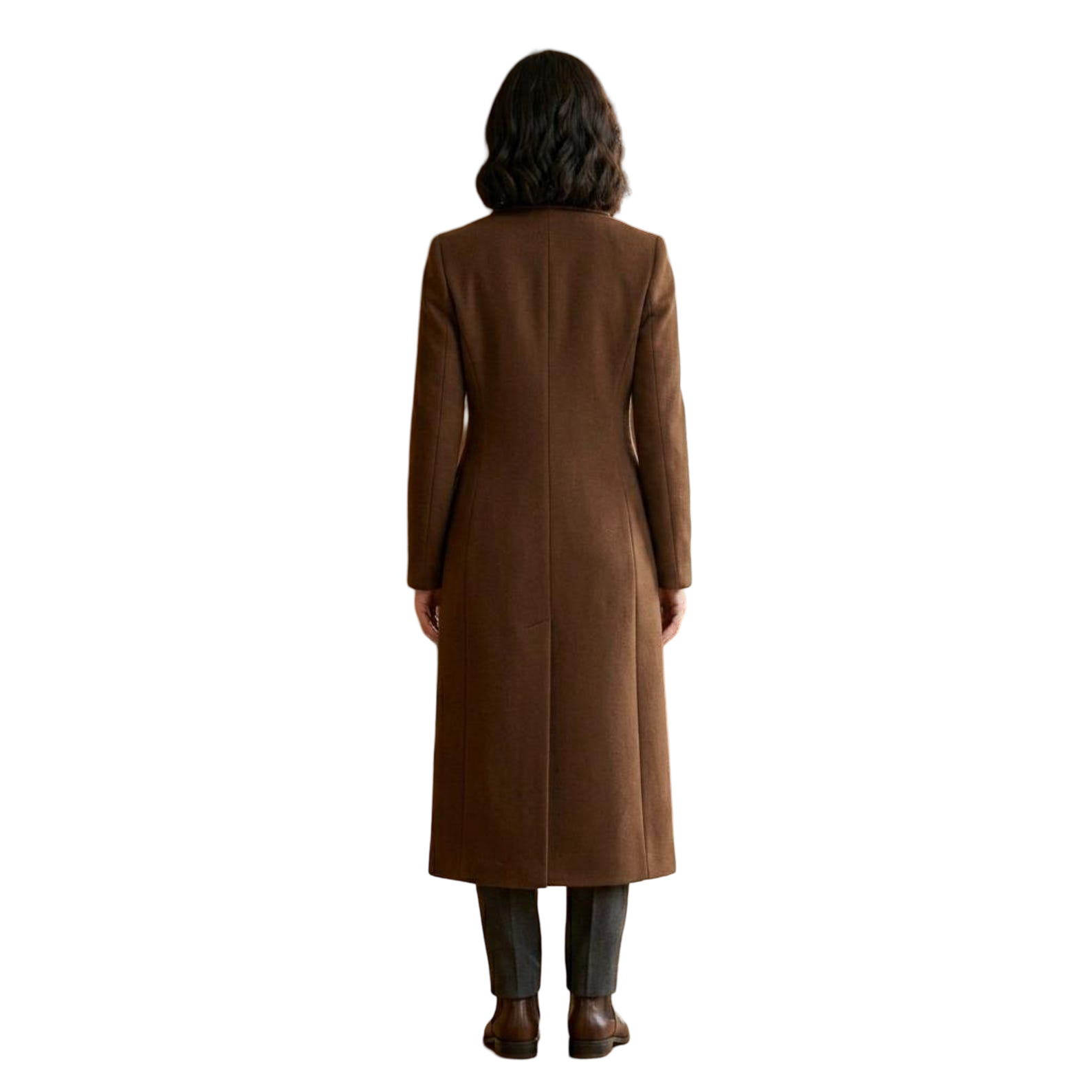 Back view of camel brown tailored long wool coat for women