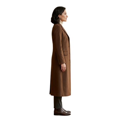 Side profile of elegant camel brown long wool coat for women