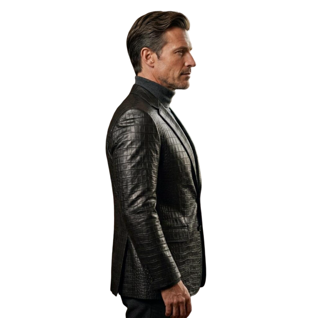 Side profile of exotic black crocodile leather blazer for men