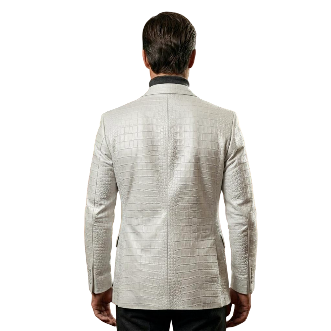Back view of men white crocodile texture leather coat