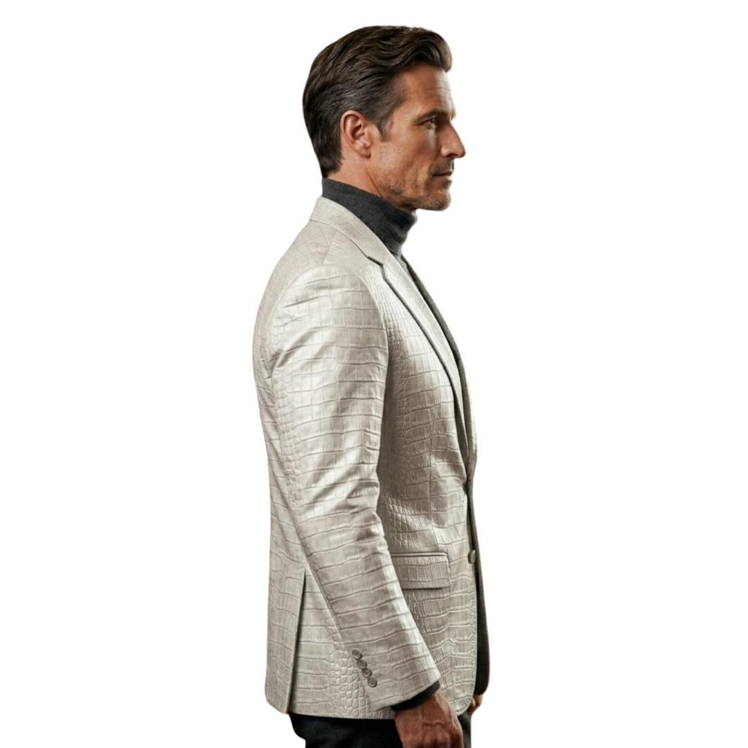 Side angle of luxury men white crocodile leather blazer