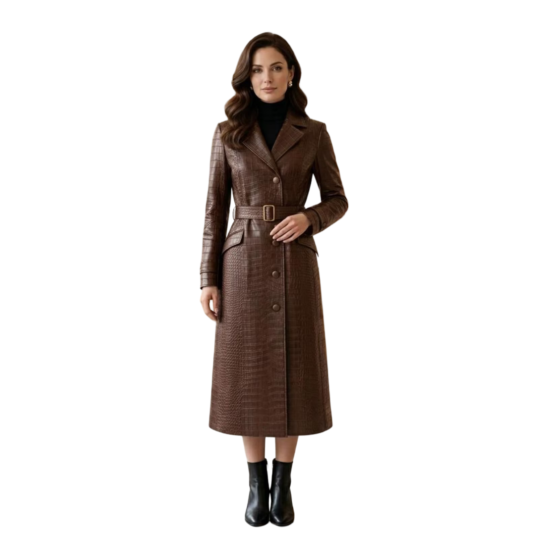 Front view of brown crocodile leather trench coat for women with belted waist