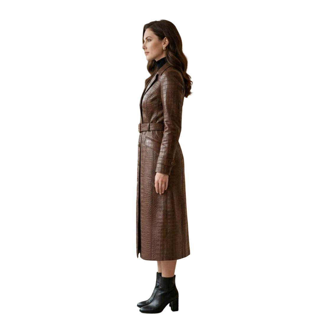 Side view of women brown belted crocodile leather coat