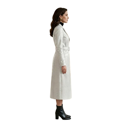 Side view of white belted crocodile leather trench coat for women