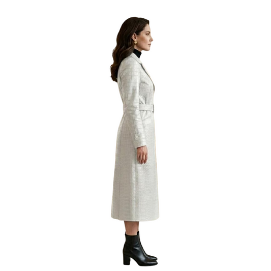 Side view of white belted crocodile leather trench coat for women
