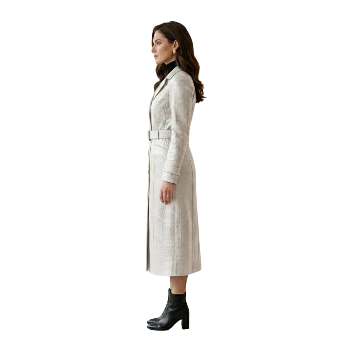 Side view of white belted crocodile leather trench coat for women