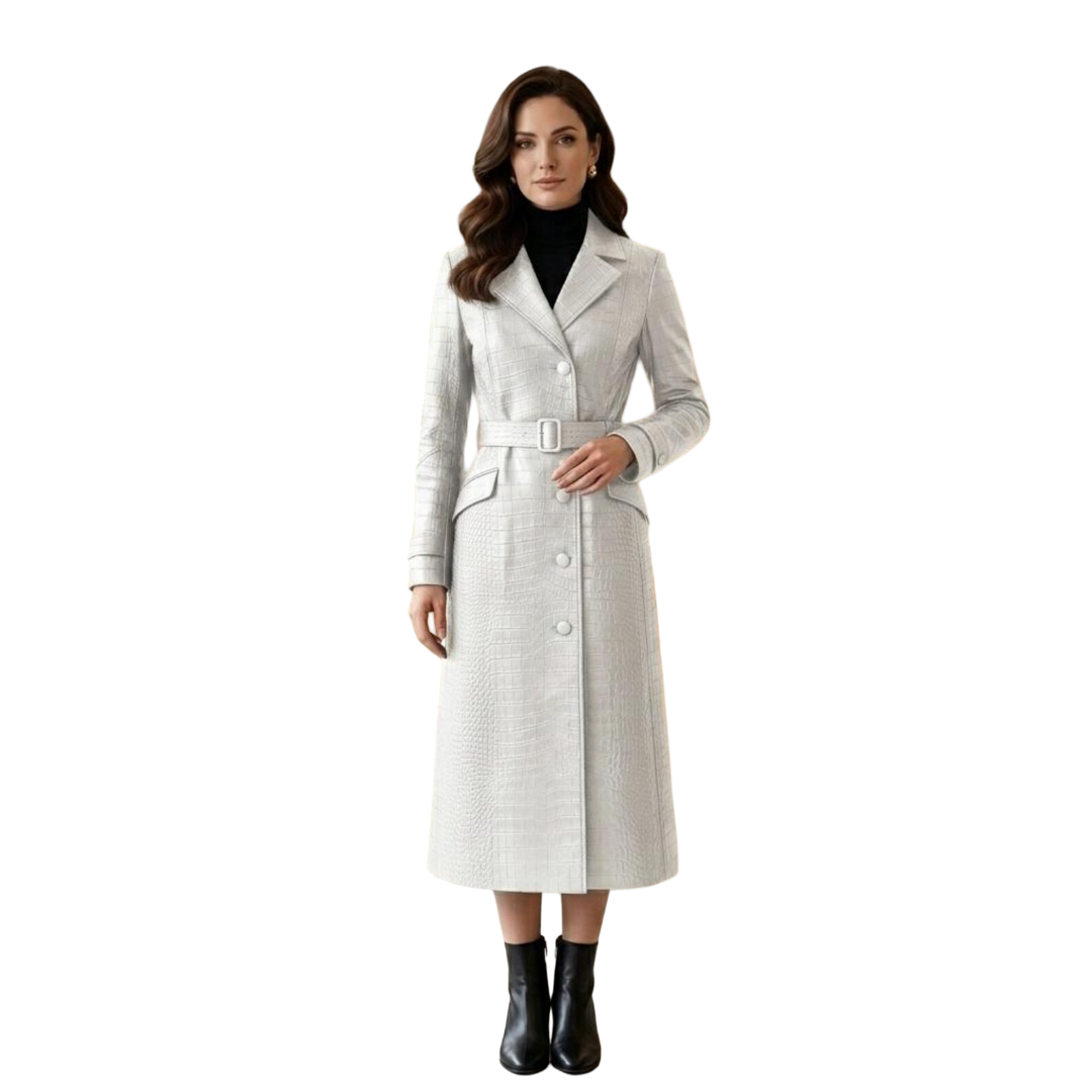  Front view of white crocodile leather trench coat for women with belted waist