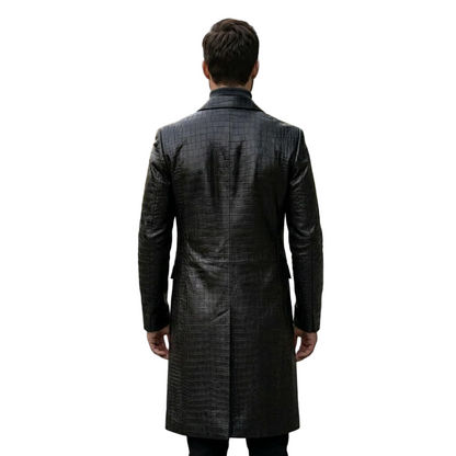 Back view of designer black crocodile leather trench coat