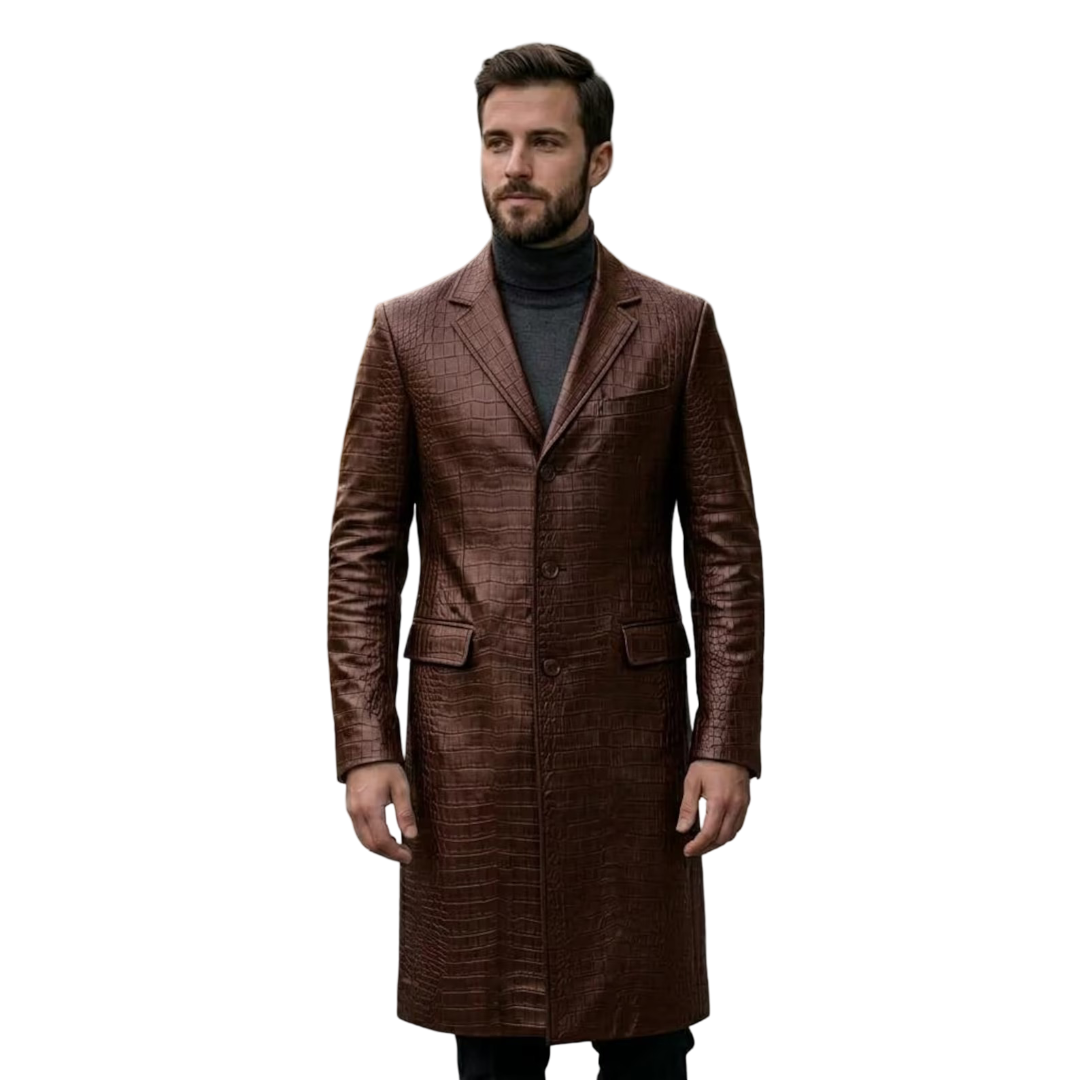  Front view of men brown crocodile leather trench coat in luxury textured finish