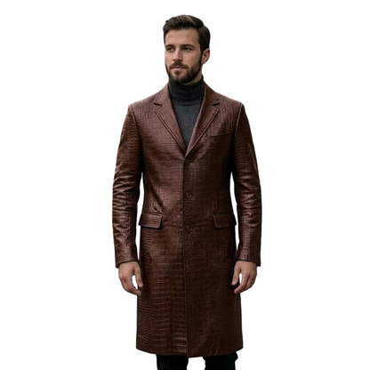  Front view of men brown crocodile leather trench coat in luxury textured finish