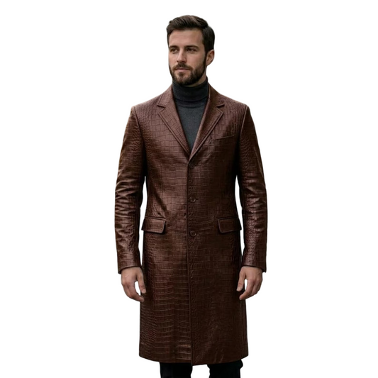  Front view of men brown crocodile leather trench coat in luxury textured finish