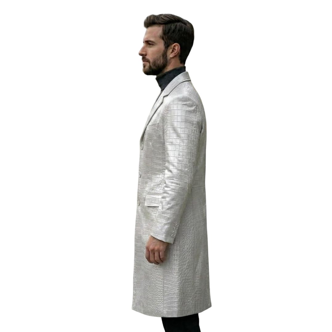 Side view of exotic white leather trench coat with crocodile texture