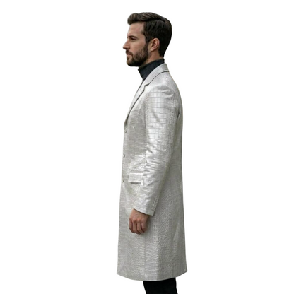 Side view of exotic white leather trench coat with crocodile texture