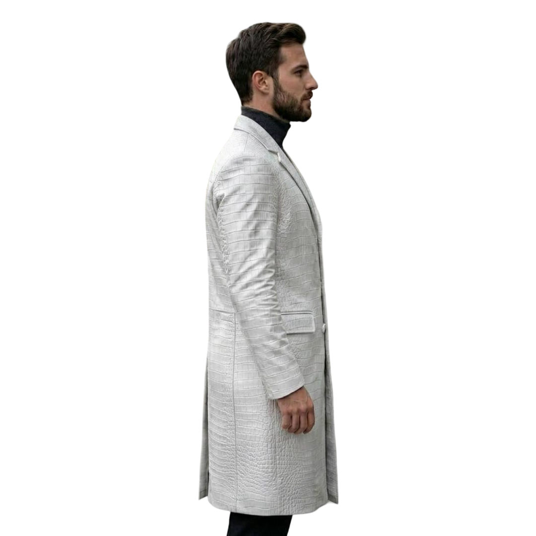 Side view of exotic white leather trench coat with crocodile texture