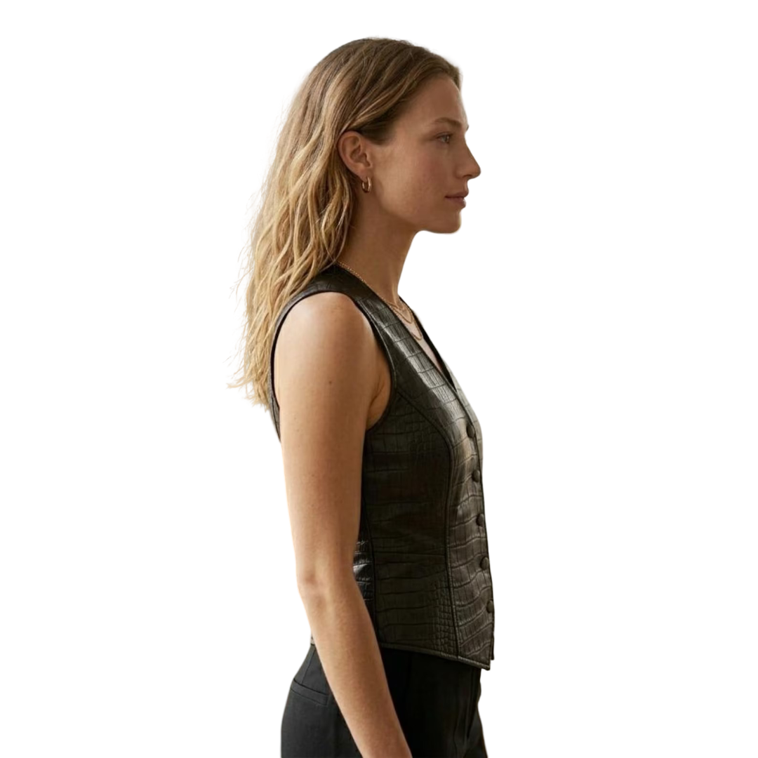 Side view of fitted black crocodile leather waistcoat