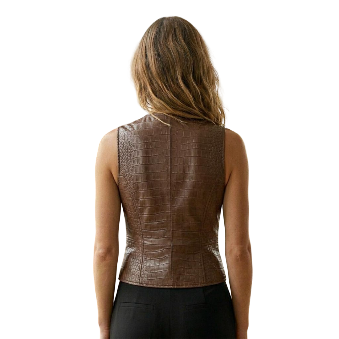 Back design of fitted brown crocodile leather vest for women