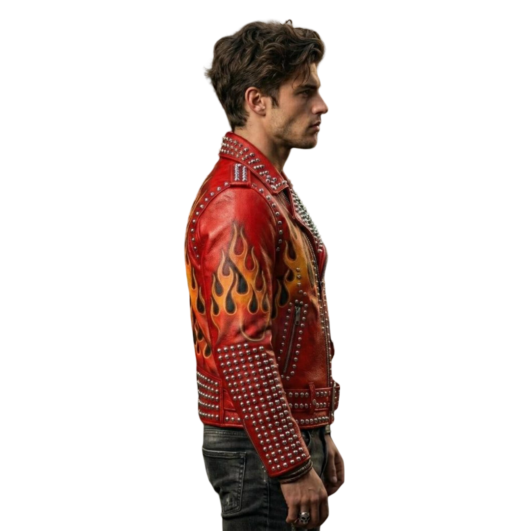  Side profile of men punk rock red flame moto jacket in genuine leather