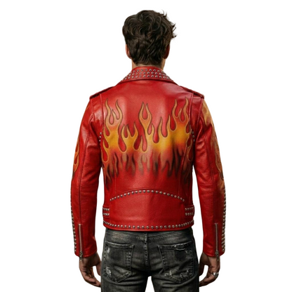 Back detail of red flame leather biker jacket with gothic stud accents
