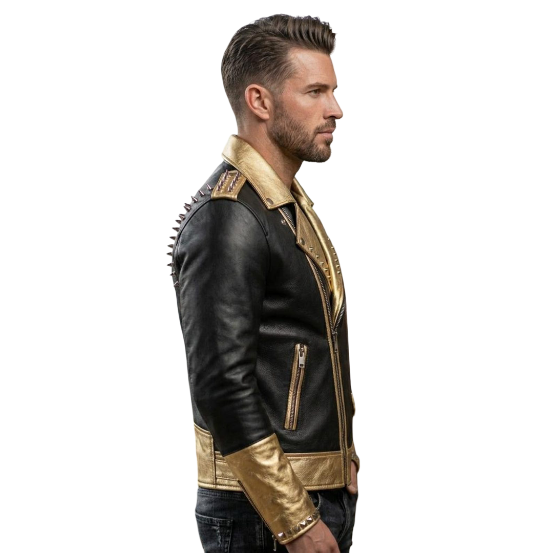 Side profile of luxury black gold moto leather jacket