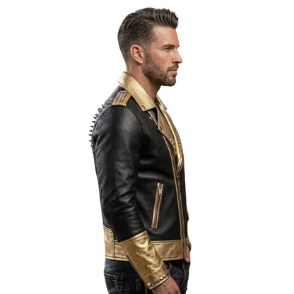 Side profile of luxury black gold moto leather jacket