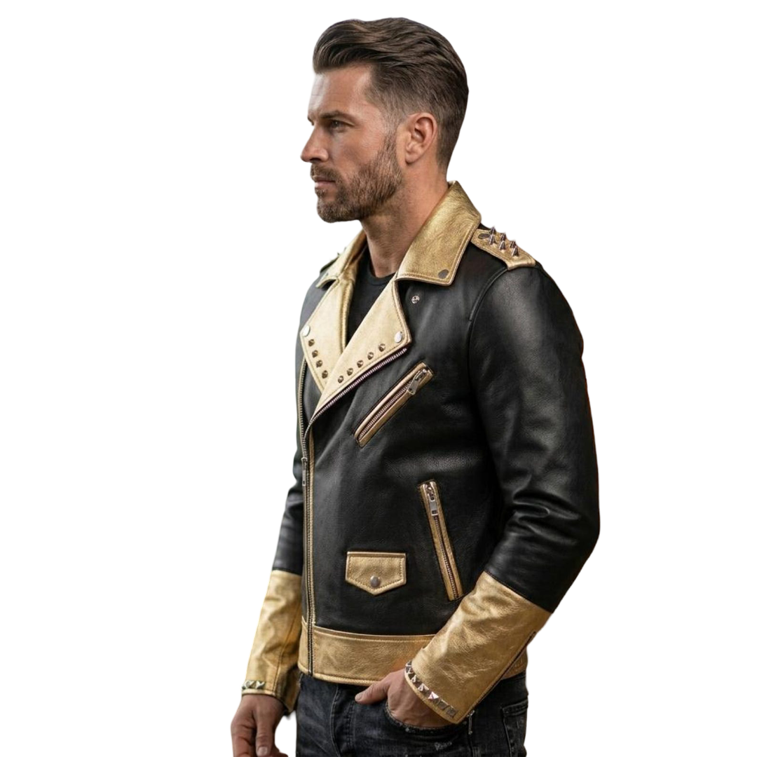 Side profile of luxury black gold moto leather jacket