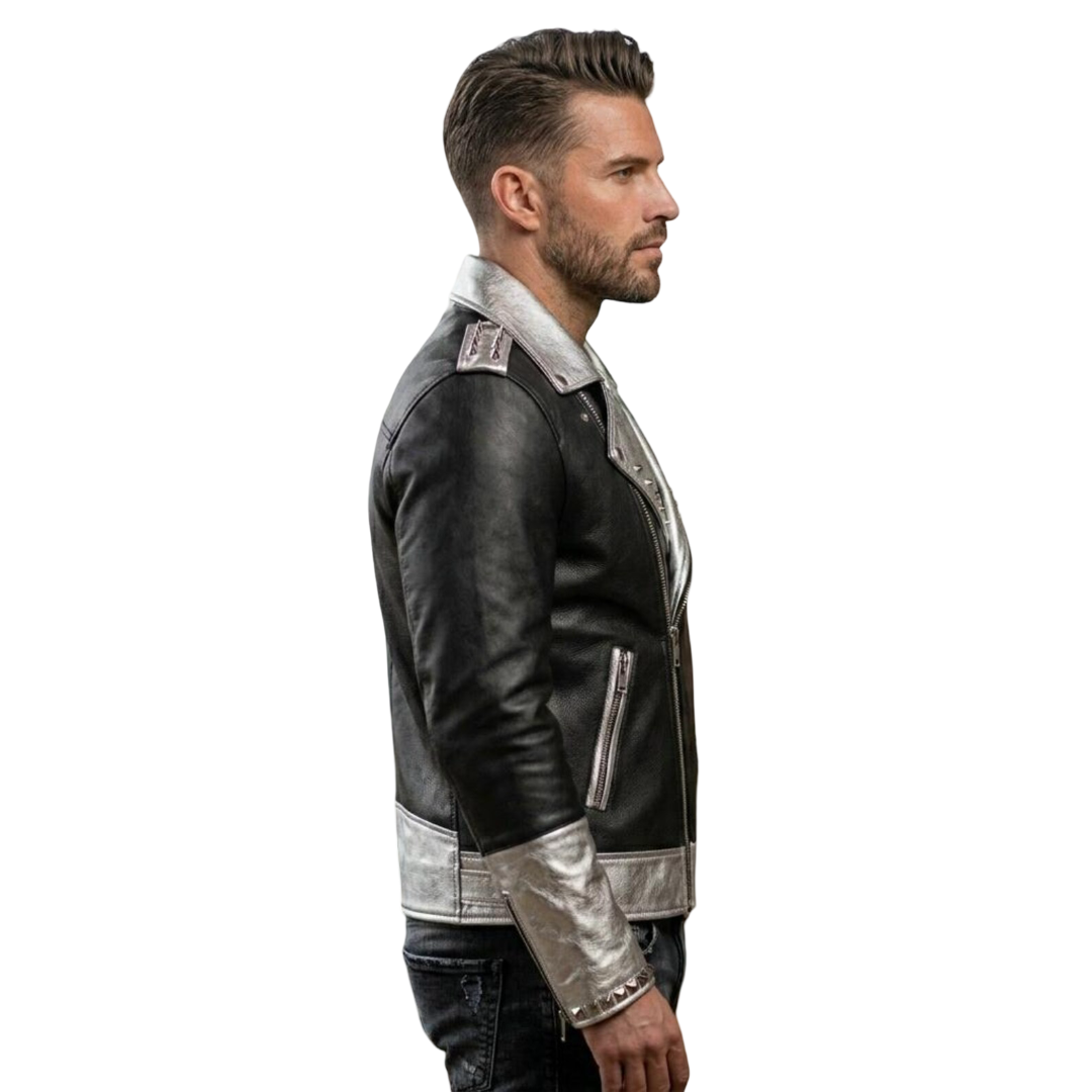 Side profile of men spiked black and silver motorcycle leather jacket