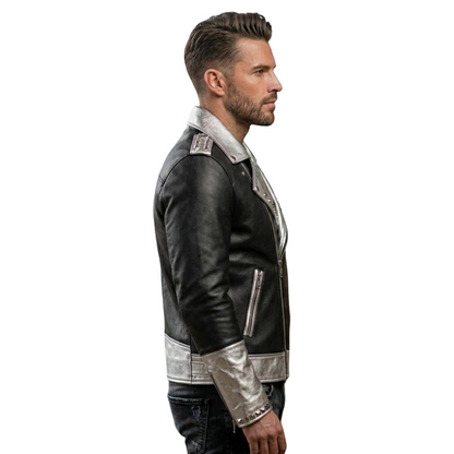 Side profile of men spiked black and silver motorcycle leather jacket