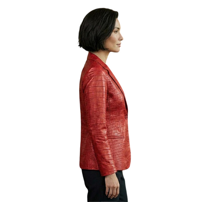 Side profile of luxury red crocodile leather blazer for women