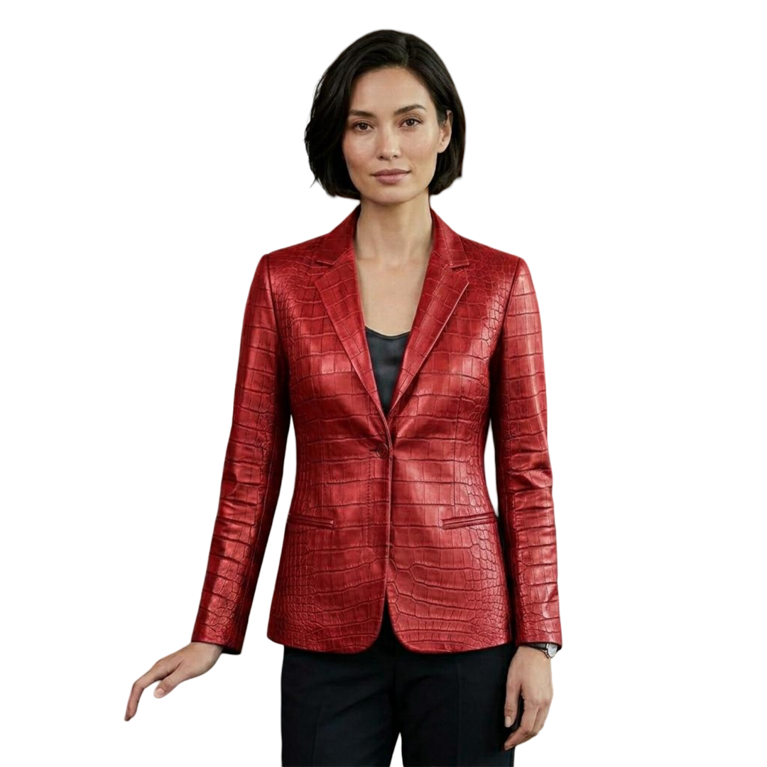 Front view of women red crocodile leather blazer with tailored fit