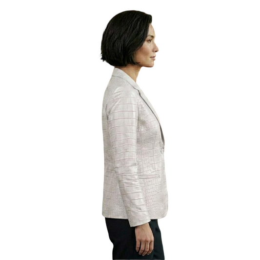 Side profile of luxury women white crocodile leather blazer jacket