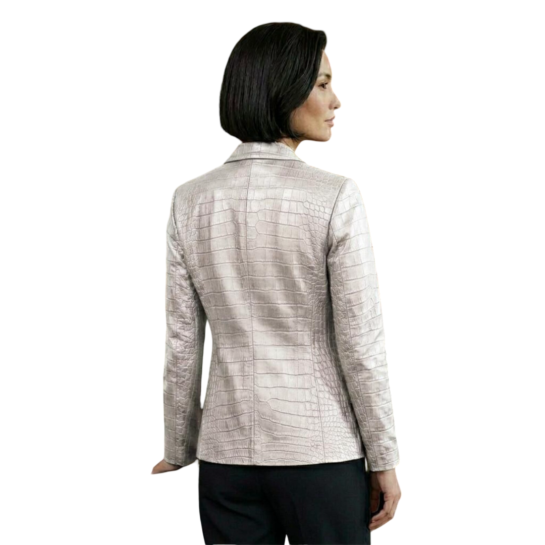 Back view of women white crocodile leather blazer jacket