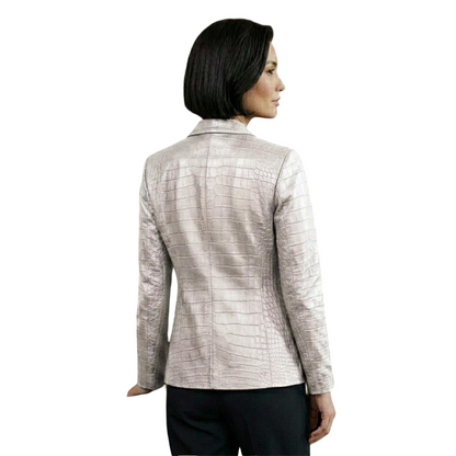 Back view of women white crocodile leather blazer jacket