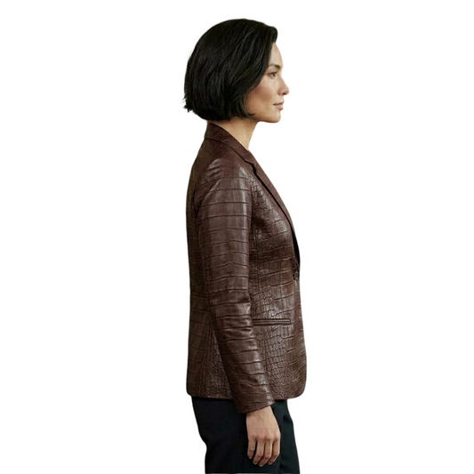  Side angle of luxury women brown crocodile leather jacket