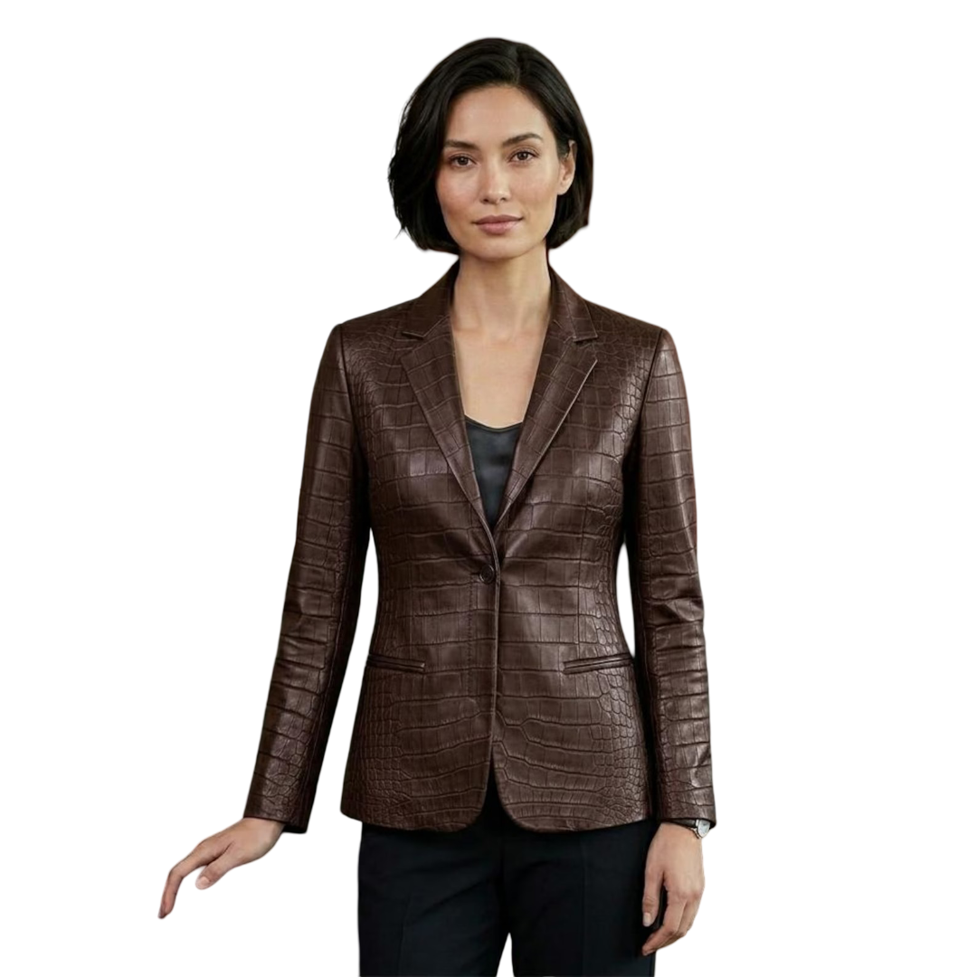 Front view of women brown crocodile leather blazer with tailored fit
