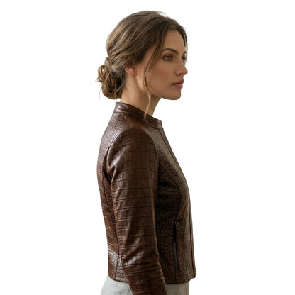 Side profile of luxury brown crocodile leather moto jacket for women