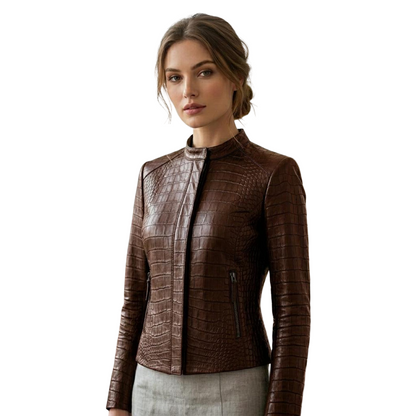 Front view of women brown crocodile leather biker jacket with structured moto fit